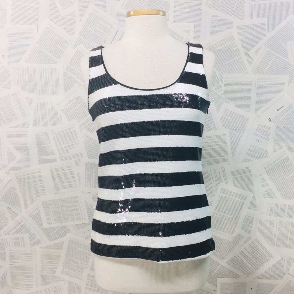 WHBM Sequin Black And White Stripe Tank XS